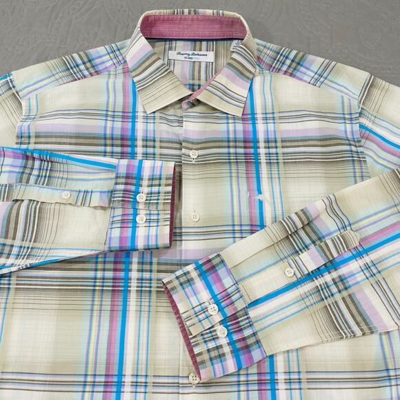 Tommy Bahama Button Shirt Mens Large Island Zone Plaid Cream Blue Relaxed - Picture 1 of 9